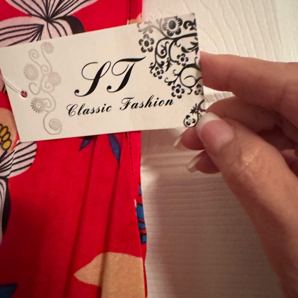 ST Classic Fashion Hawaiian Pattern Full Length Dress Red White Blue Floral SZ S